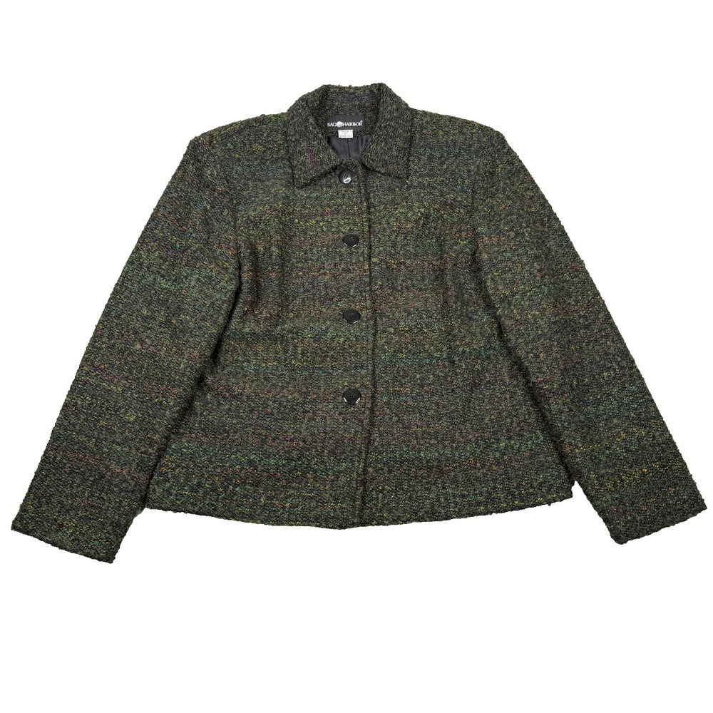 Sag Harbor Boucle Jacket Womens 12 Green Tweed Speckled Blazer Button Lined 90s